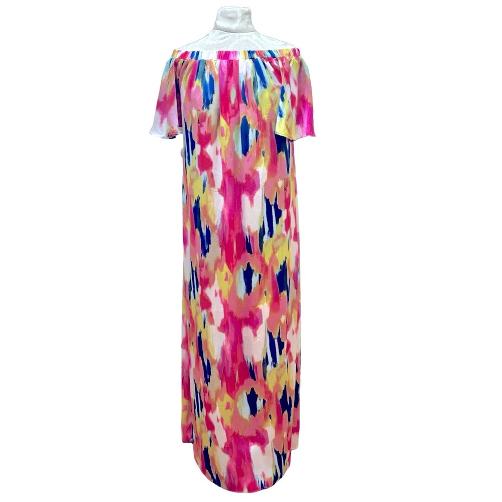 Trina Turk San Onofre Chiffon Off The Shoulder Watercolor Maxi Dress Pink XS NWT